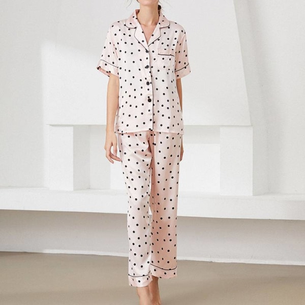 Kvinder 2 stykke pyjamas sæt kortærmede toppe + bukser nattøj Pink Dots M