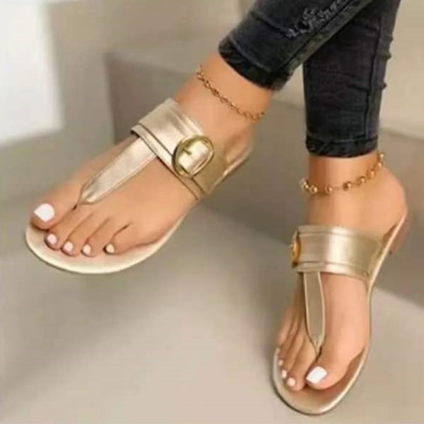 Dame Flip Flops Sandaler Mode fladbundede tøfler Strand Gold 36