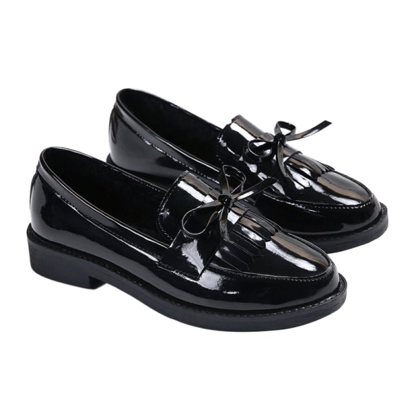 Dame Rund Toe Tassel Loafer Chunky Heel Lædersko Svart 35