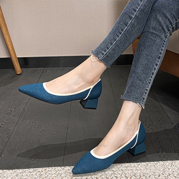 Kvinner spiss tå Mid Heel Office Strikket Pump Dress Shoes Work Blue 40