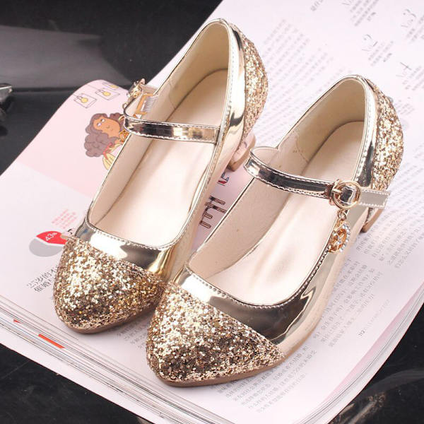 Pigepailletter Dansesko Børn Prom Mary Jane Buckle Pumps Gold 39