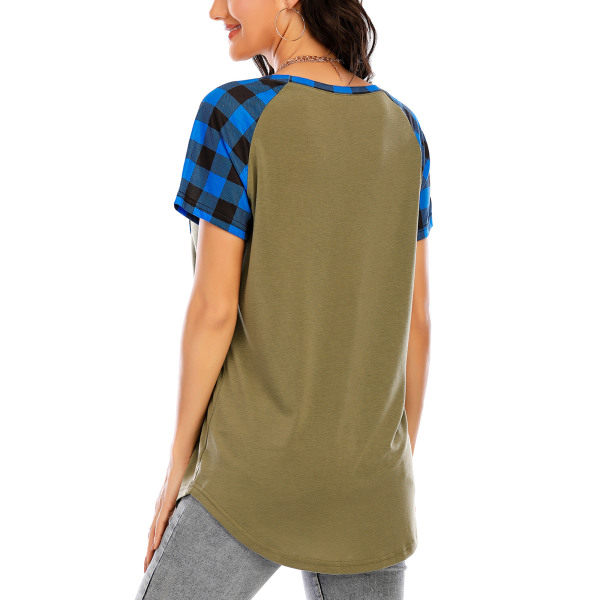 Mode kvinnor Casual Oregelbunden fåll Pullover Rutig T-shirt Militärgrön S