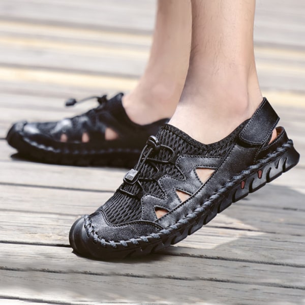 Miesten pyöreäkärkiset sandaalit hengittävät casual kengät rantakengät Black,43