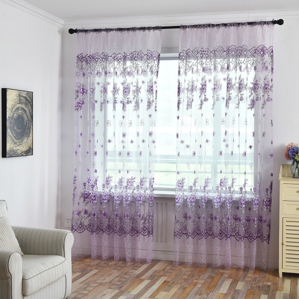 Panel Blommig Voile Gardin Drapering Scarfs Valance Room Door Purple 100x200cm