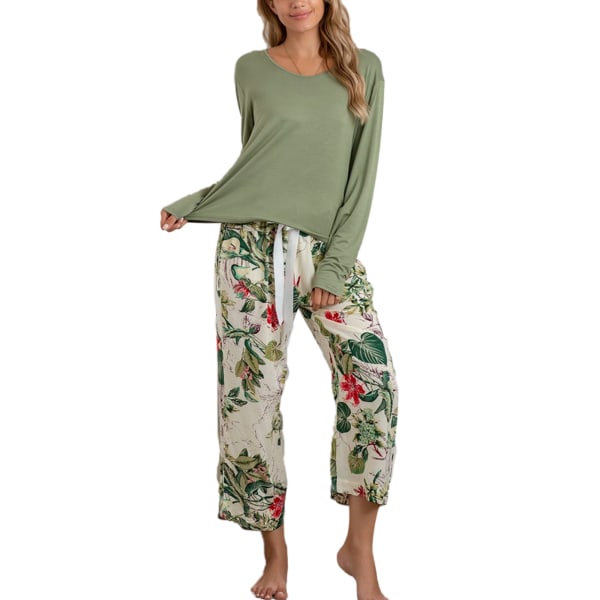Blommig pyjamas för kvinnor med långärmade toppar Byxor Set Green,4XL
