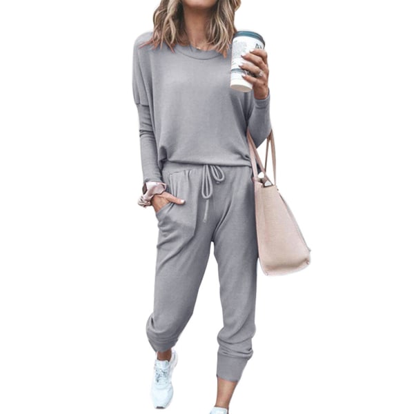 Naisten set pitkähihaiset topit+housut, housut, kotivaatteet Light Gray,L