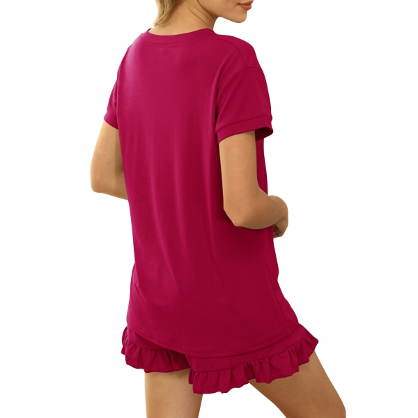 Kvinder Pyjamassæt V-hals Kortærmede T-shirts Shorts Hjemmetøj Red,XL