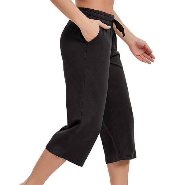 Kvinder Mid Waist Yoga Bukser Løs Sports Elastik Talje Beskåret Black,XL