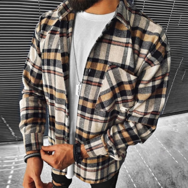Herre plaid langærmede skjorter Casual Lapel Streetwear frakke Kaki L 1288  | Kaki | Polyester| Spandex | Fyndiq