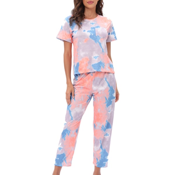 naisten kesäinen pyöreä pääntie print color block pyjama set kotivaatteet 5# S