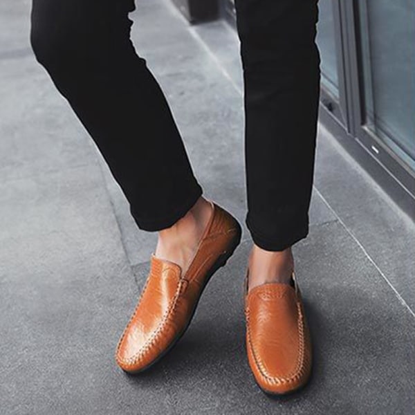 Herre britiske klassiske loafers Slip On imiteret læder business sko Brun 42