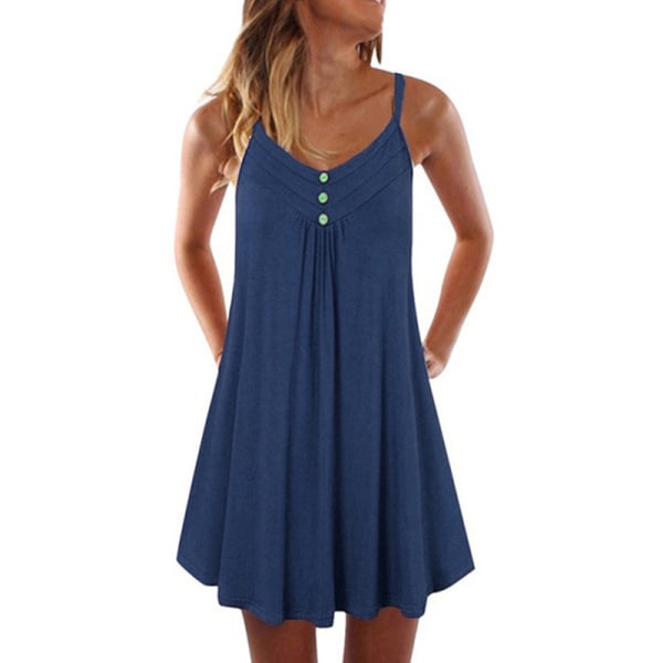 Kvinder Spaghetti Strap Kort Kjole Plisseret Strappy Slip Kjoler Dark Blue 4XL