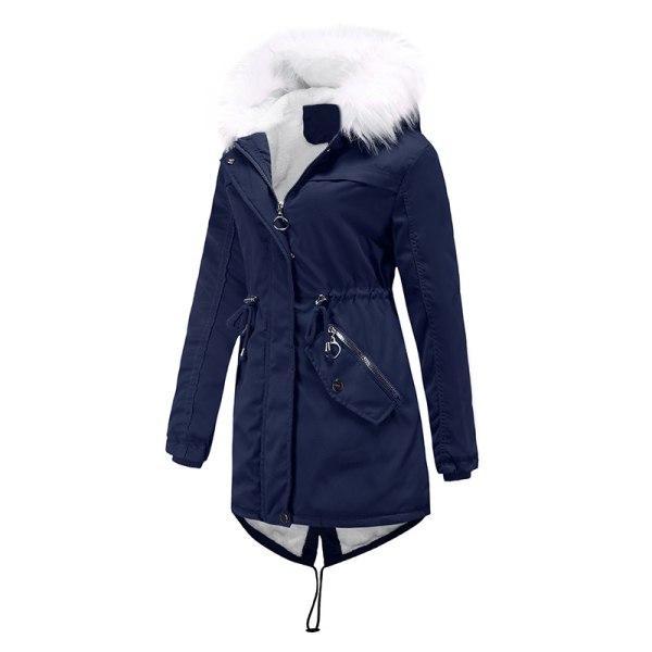 Naisten talvihupullinen takki Fleecevuorattu päällystakki vetoketju Navy Blue L