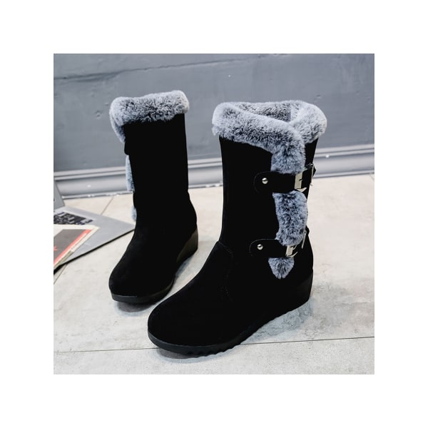 Kvinnor Vinter Varm Mid Calf Snow Boots Pälsfodrade Kilklack Boots Black 39