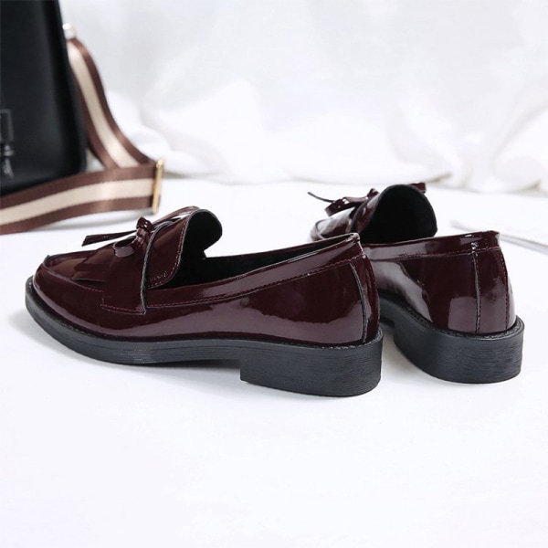 Dame Rund Toe Tassel Loafer Chunky Heel Lædersko claret 35