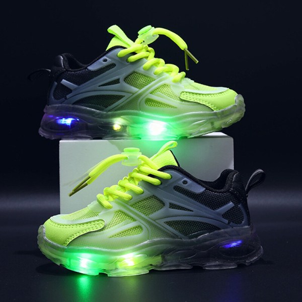 Ljusande löparsko för barn med snörning i mesh andas Sneakers Svart Grön 35
