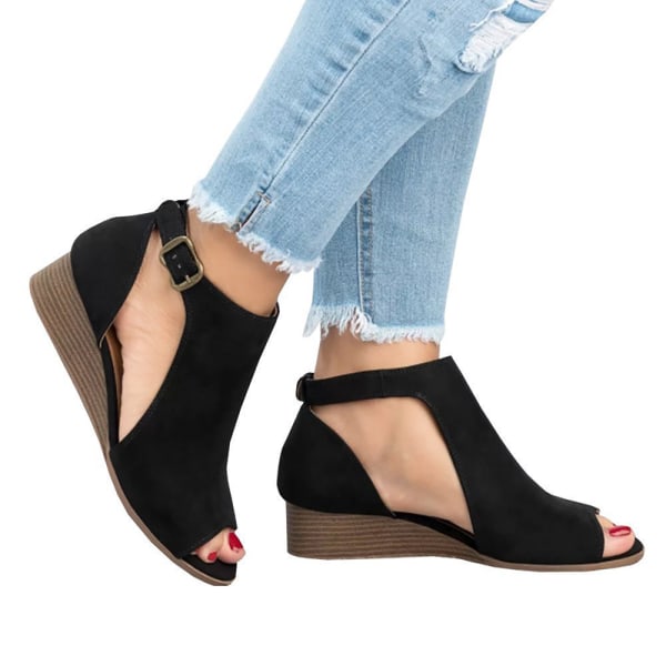 Naisten korkeakorkoiset sandaalit solki Roman Wedge Sandal Open Toe Black 36