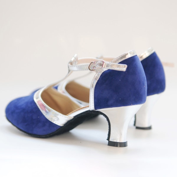 Dam latinska sandaler Dansskor T-rem med stängd tå med mitten av klackarna Blue+ Silver 34