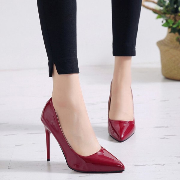 Kvinder spidstå kjole sko høje slanke hæle Pumps Bryllup Wine Red 35