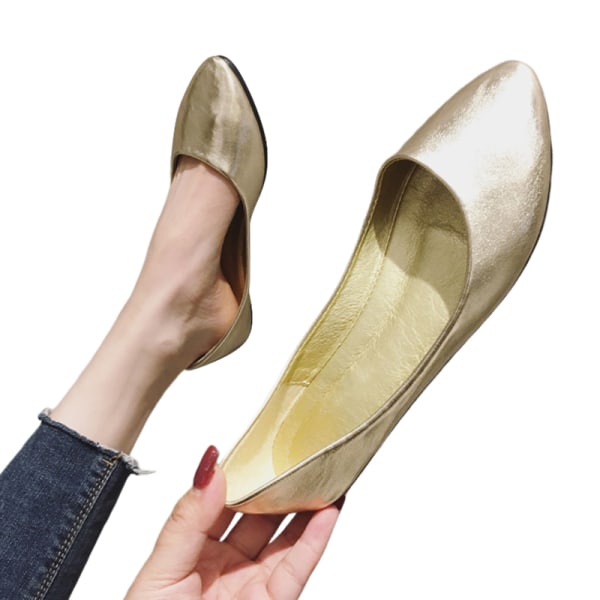 Kvinnors mjuk sula spetsiga tå Flats Comfort Casual Dress Shoe Guld 38