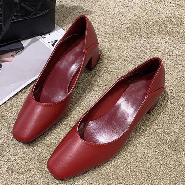 Kvinder Square Head Mid Block Heel Shoe Pumps Slip On Work Office Wine Red 39