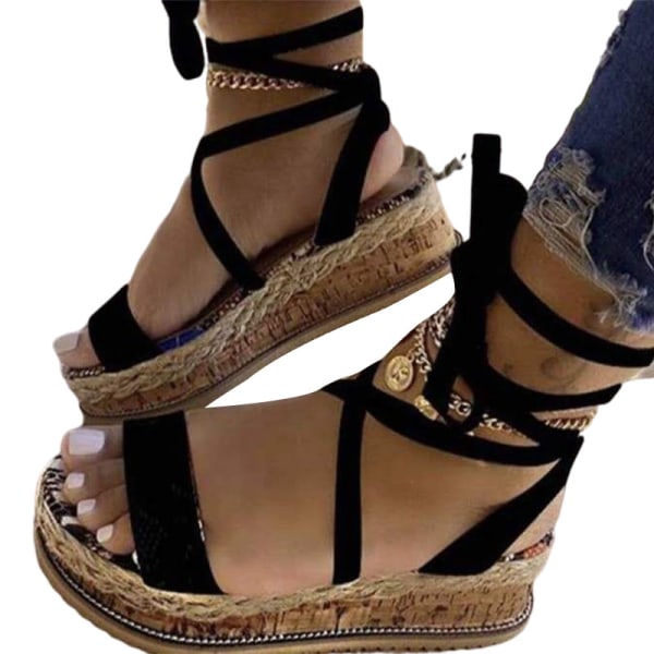 Kvinders platform høje hæle mode afslappet ankel spænde sandaler Black,36