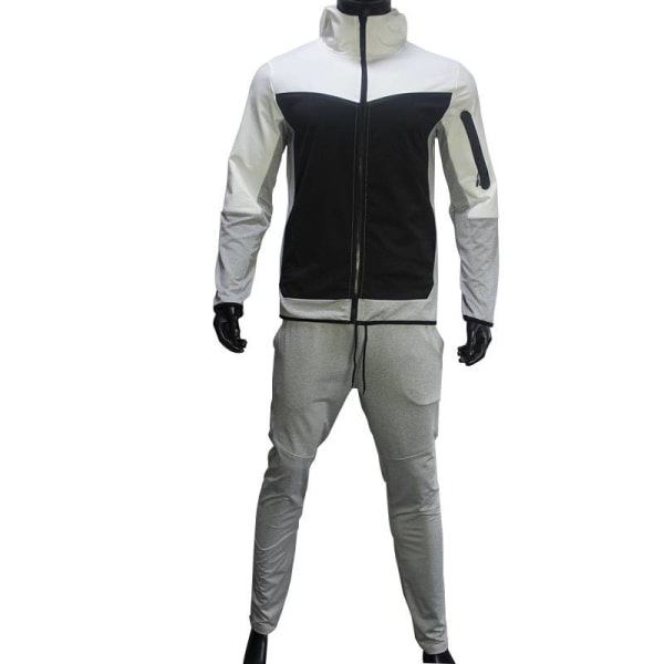 Sportkostym med luva för män Zip Coats + byxor 2 sidfickor White Black 3XL