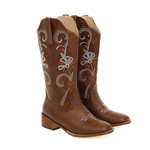 Womens Wide-Calf Mid Calf Boots Almond Toe Western Cowgirl Boots Mörkbrun 36