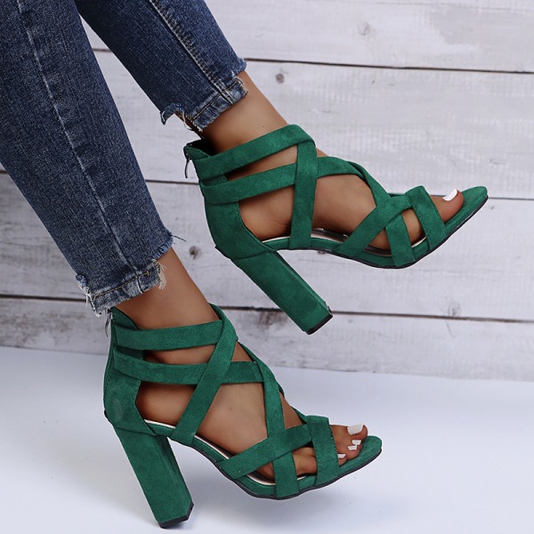 Kvinder Sommer Chunky Heels Fashion Sandaler Cross Strap Sko Green 37