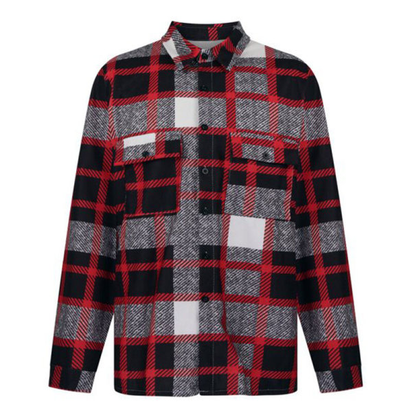 Herre plaid langærmede skjorter Casual Lapel Streetwear frakke Röd Grå 3XL