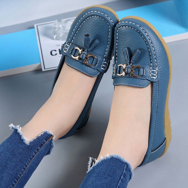 Dame Rund Toe Flats Sko Loafers Mokkasiner Tassel Nurse Blue 40