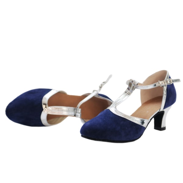 Dame latinske sandaler Dansesko T-strop med lukket tå mellem hæl Blue+ Silver 37