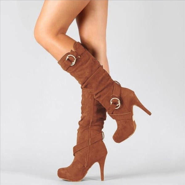 Kvinders varme høje rørstøvler med fine hæle Casual højhælede sko Brown 34