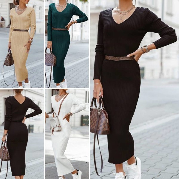 Stickad långklänning kvinnor V-hals Stretch Slim långärmad klänning Black XL