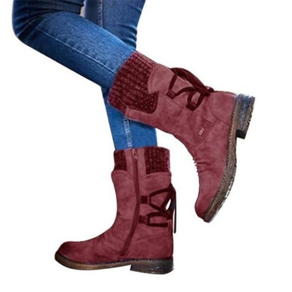 Mode Kvinnor Mid-Calf Winter Snow Boots Fodrade varma platta skor Röd US 6