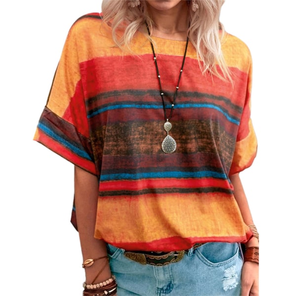 Kvinder Løs T-shirt Dame rund hals sommer strandbluse toppe Orange XL