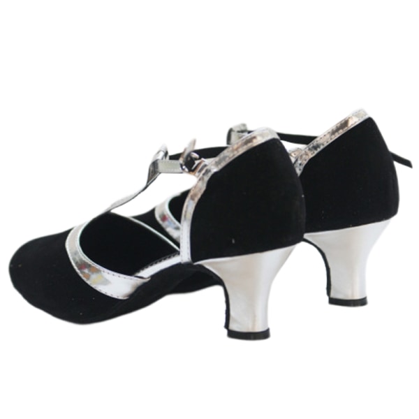 Dam latinska sandaler Dansskor T-rem med stängd tå med mitten av klackarna Black And Silver 38