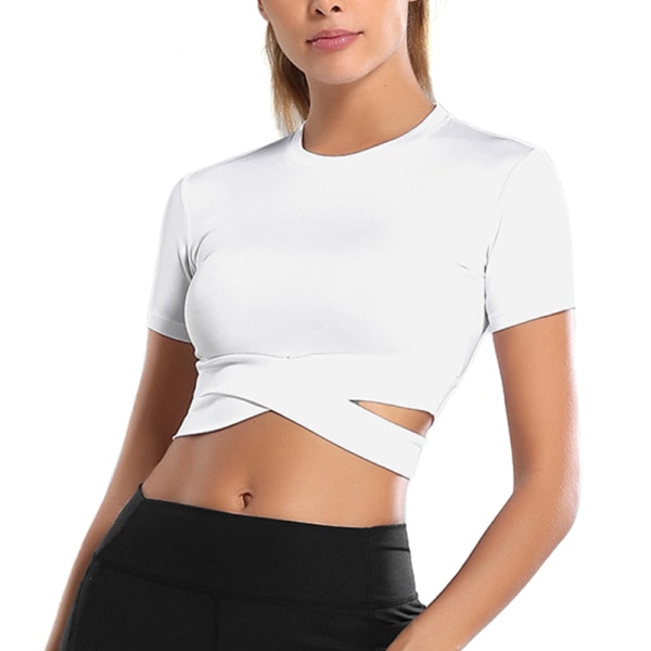 Kvinder Sport Yoga Crop Tops Kortærmede Running Fitness T-shirts White,XL