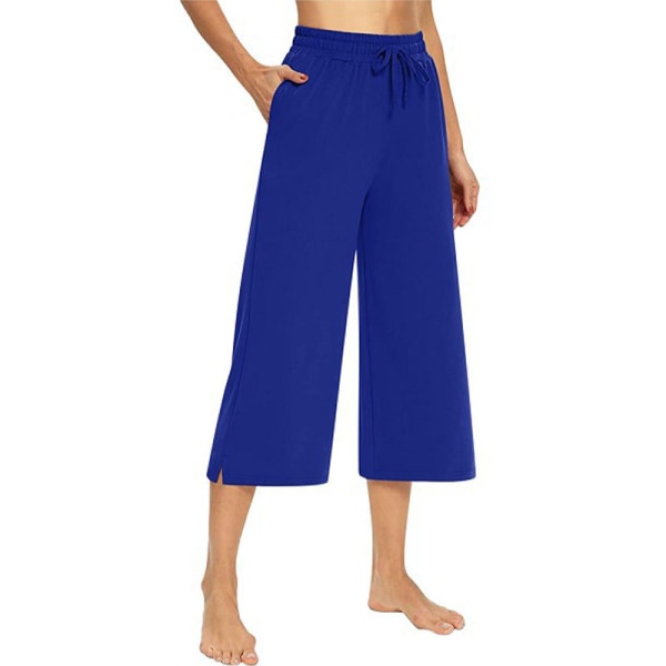 Kvinnor hög midja yogabyxor Casual raka byxor med dragsko Blue,M