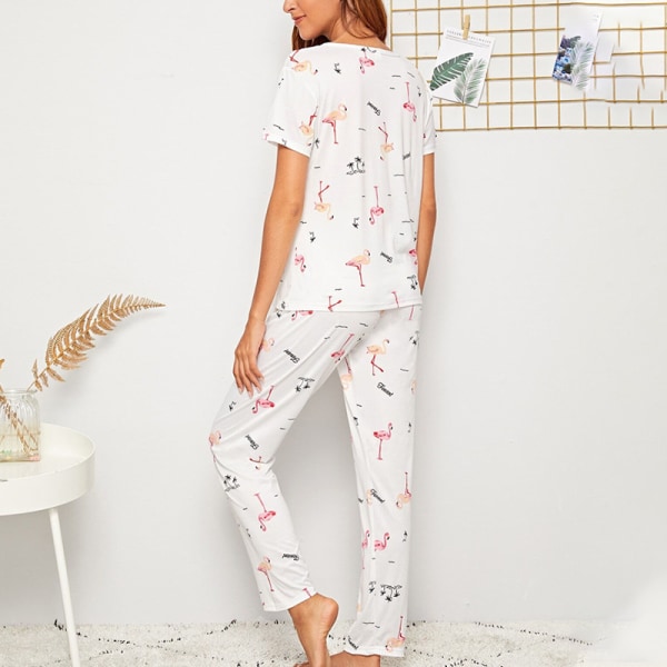 kvinder sommer pyjamas sæt rund hals blomstret plaid loungewear Flamingo L