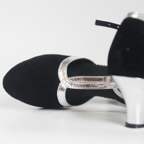 Dame latinske sandaler Dansesko T-strop med lukket tå mellem hæl Black And Silver 39