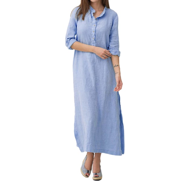 Mode Kvinnor Button Down Maxiklänningar Enfärgad Klänning Himmelsblå XL