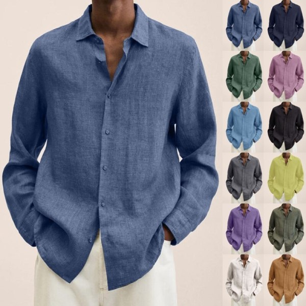 Långärmad herrskjorta Solid Casual Baggy Tops Blus Gul XL