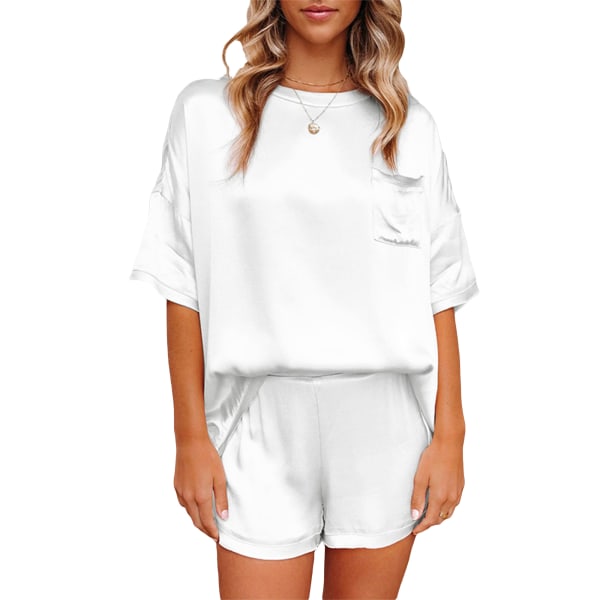 Kvinnor Pyjamas Set med rund hals ficka T-shirts Elastiska band shorts White,L