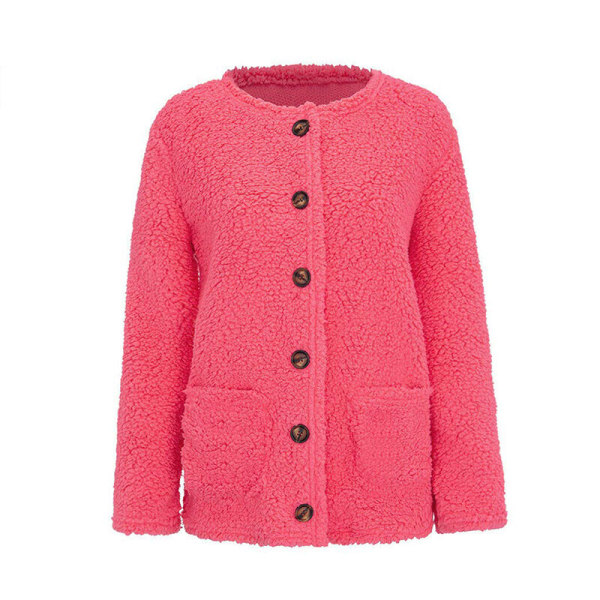 Dame varm fluffy frakke fleece knap jakke vinter outwear Rosa 4XL