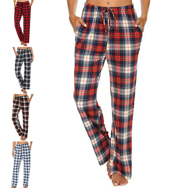 Dame plaid elastiske pyjamasbukser Casual Baggy Loungewear Marinblå S