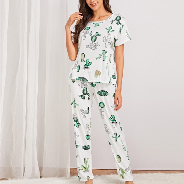kvinder sommer pyjamas sæt rund hals blomstret plaid loungewear Cactus L