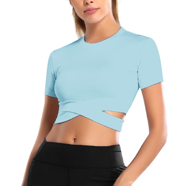 Kvinder Sport Yoga Crop Tops Kortærmede Running Fitness T-shirts sky blue,L
