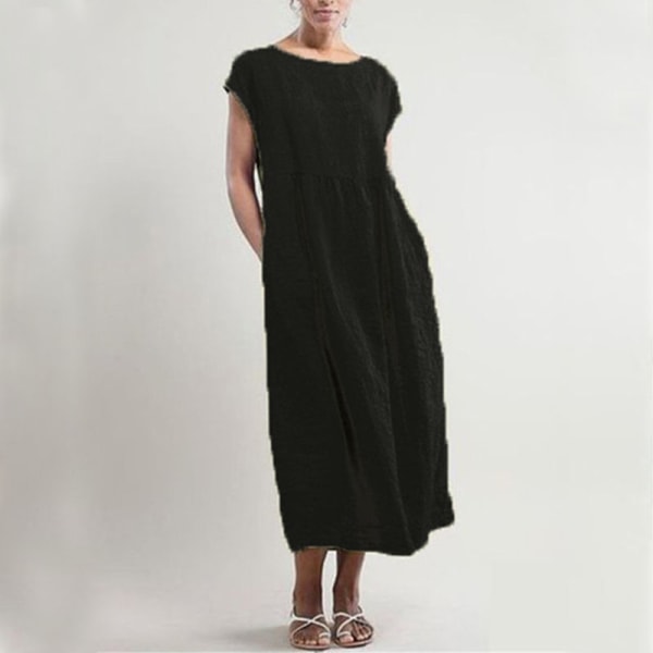 Kvinder kortærmet rund hals ensfarvede maxi kjoler lommer Black XL