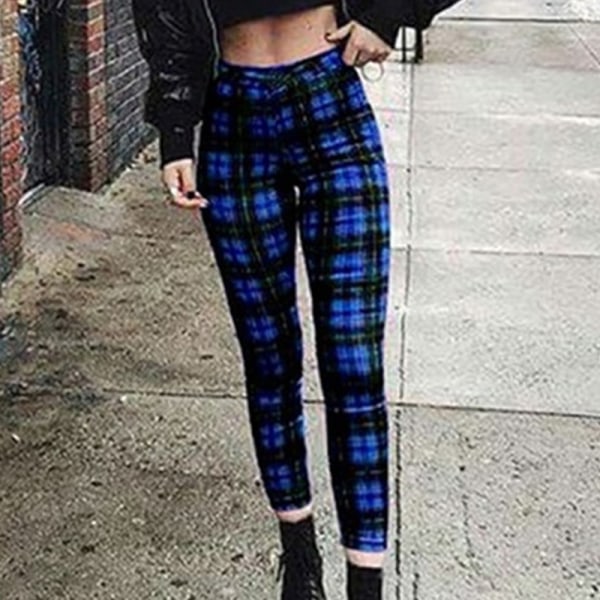 Kvinders højtaljede plaidbukser Skinny Sport Punk lange bukser Blå L